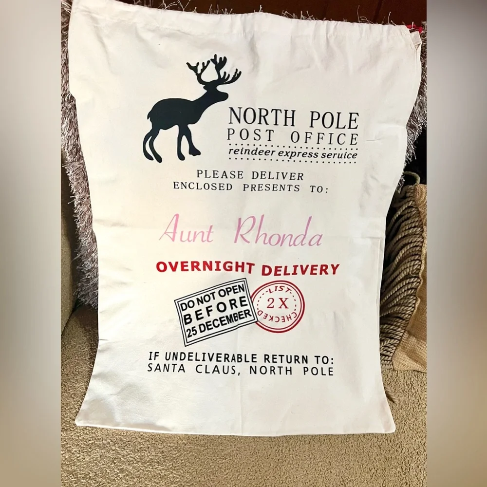 (NWOT) OFF WHITE PERSONALIZED POST OFFICE HOLIDAY SACK - 